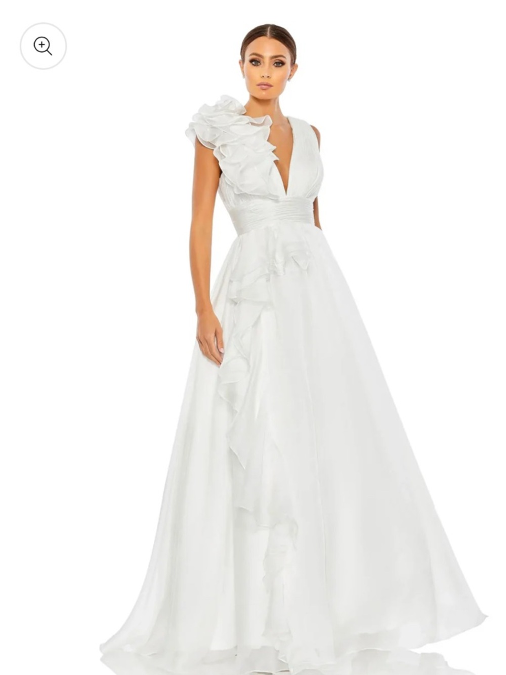 Mac Duggal White One-Shoulder Ruffle Bridal Gown